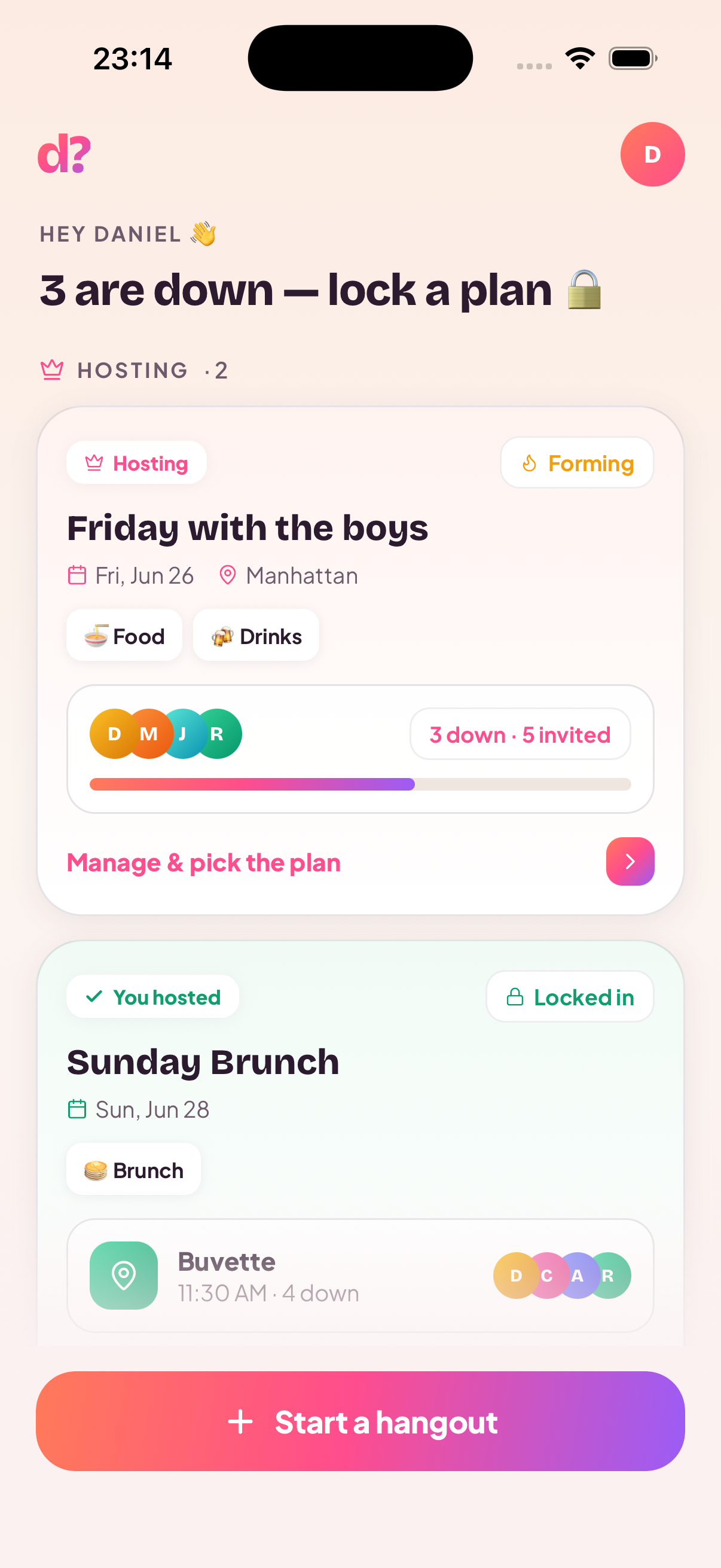 The down? app home screen showing hangouts your friends are down for