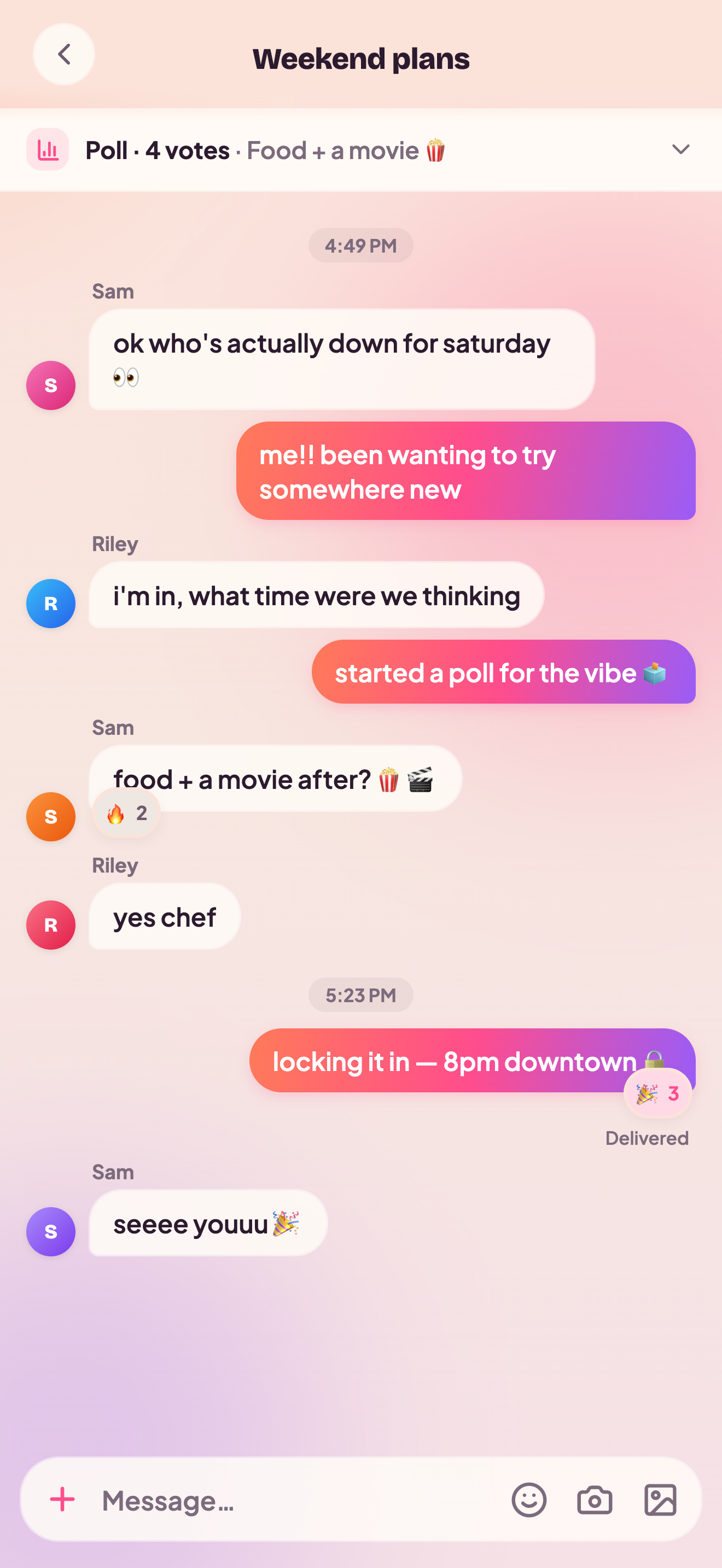down? in-hangout chat with a poll, reactions, and the plan coming together