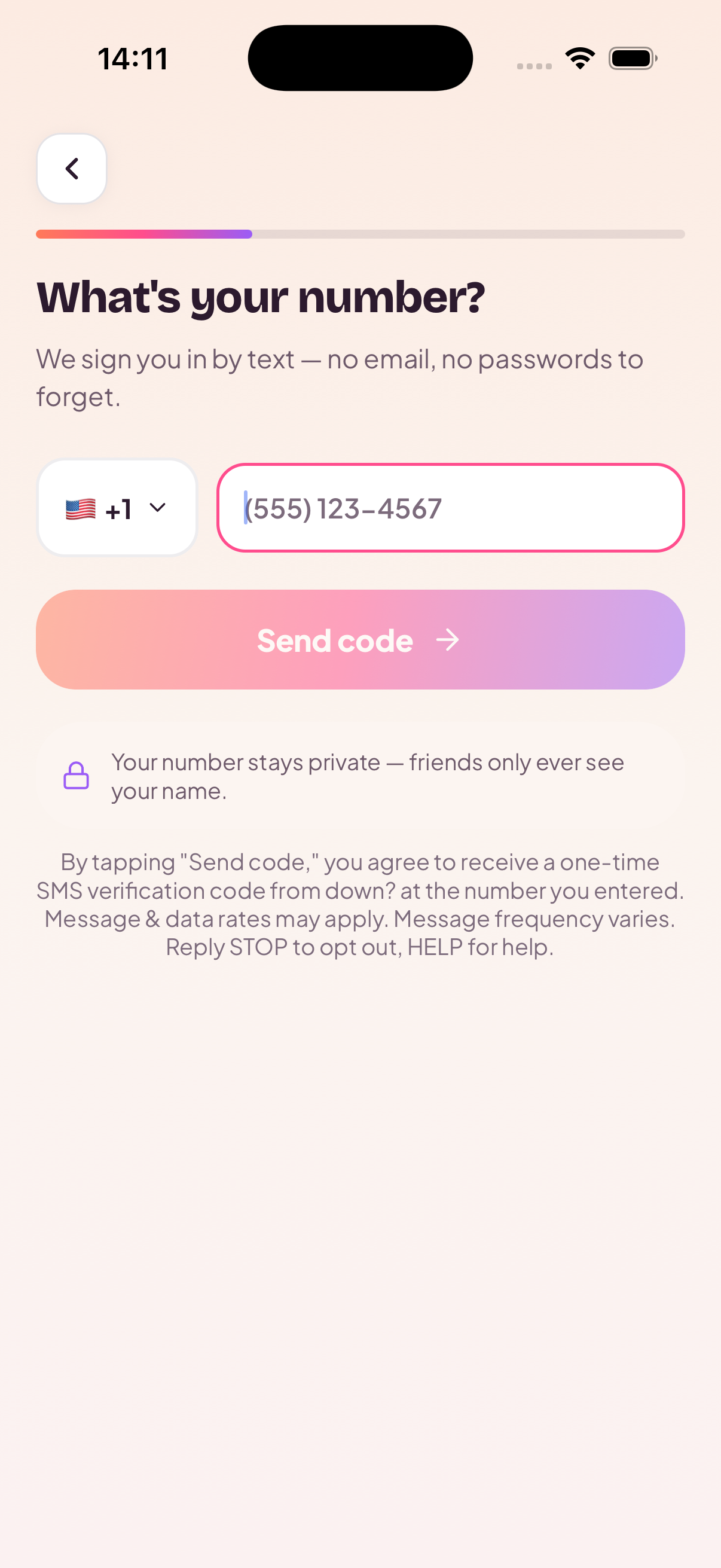 down? phone number screen with Send code button and SMS consent disclosure